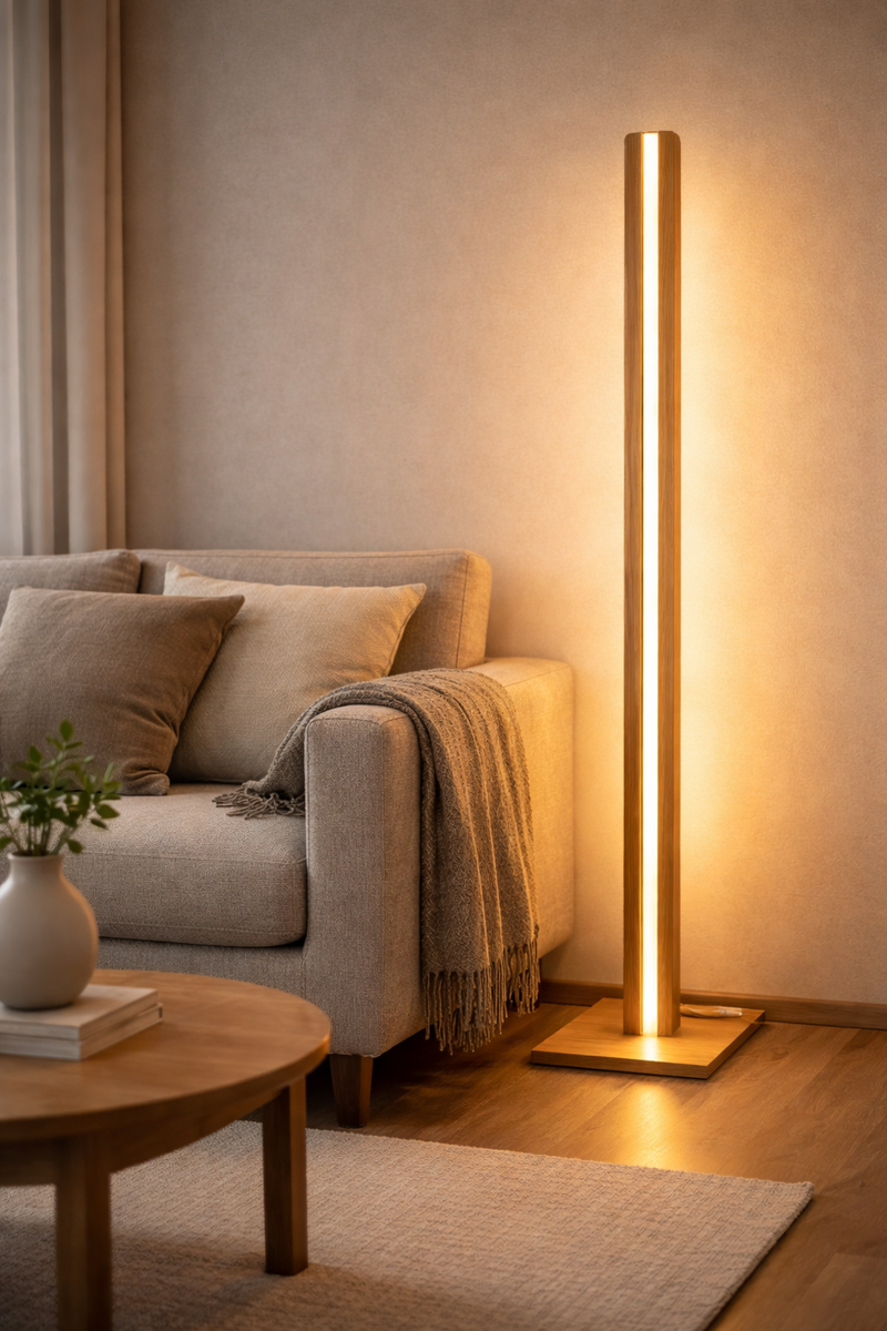 Lampa decorativa de podea din stejar cu LED smart dimabil – iluminat ambiental tip veioza