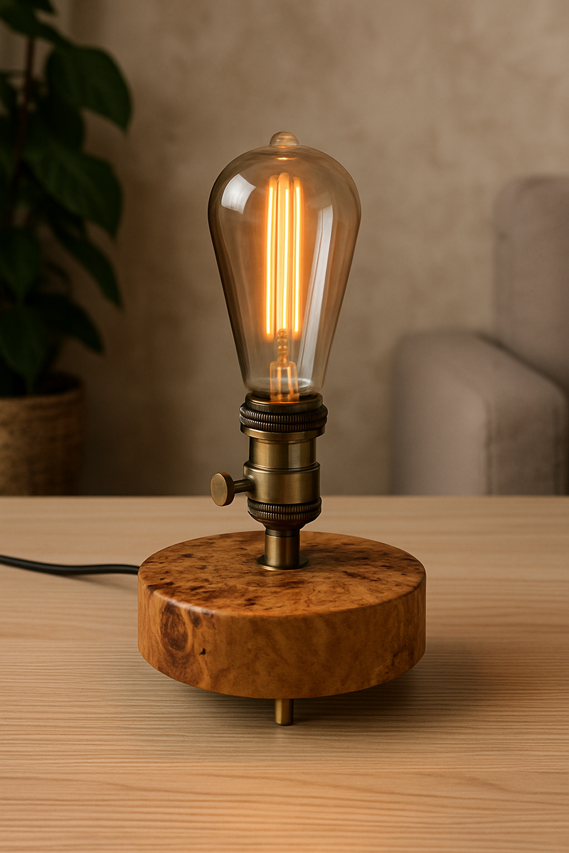 Lampă handmade din plop cu burl și dulie vintage aurie, bec Edison