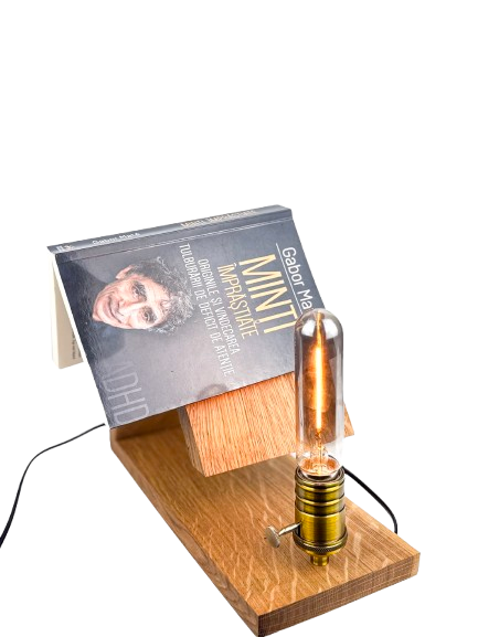 Veioză handmade din stejar masiv cu suport de carte deschisă, bec Edison tub