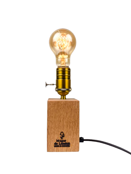 Lampă handmade din bloc de stejar masiv cu dulie vintage aurie, bec rotund