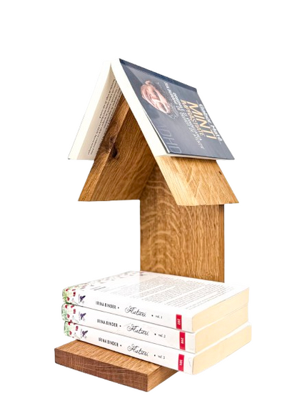 Suport de carte handmade din stejar masiv cu bibliotecă pentru 3 cărți