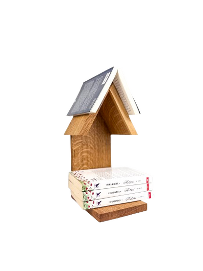 Suport de carte handmade din stejar masiv cu bibliotecă pentru 3 cărți