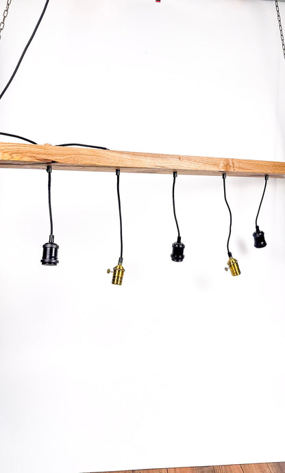 Lustră handmade din stejar masiv cu 5 dulii vintage și becuri Edison
