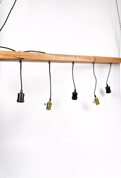 Lustră handmade din stejar masiv cu 5 dulii vintage și becuri Edison