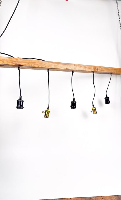 Lustră handmade din stejar masiv cu 5 dulii vintage și becuri Edison