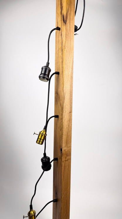 Lustră handmade din stejar masiv cu 5 dulii vintage și becuri Edison