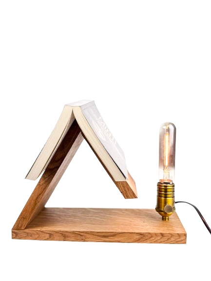 Veioză handmade din stejar masiv cu suport de carte deschisă, bec Edison tub