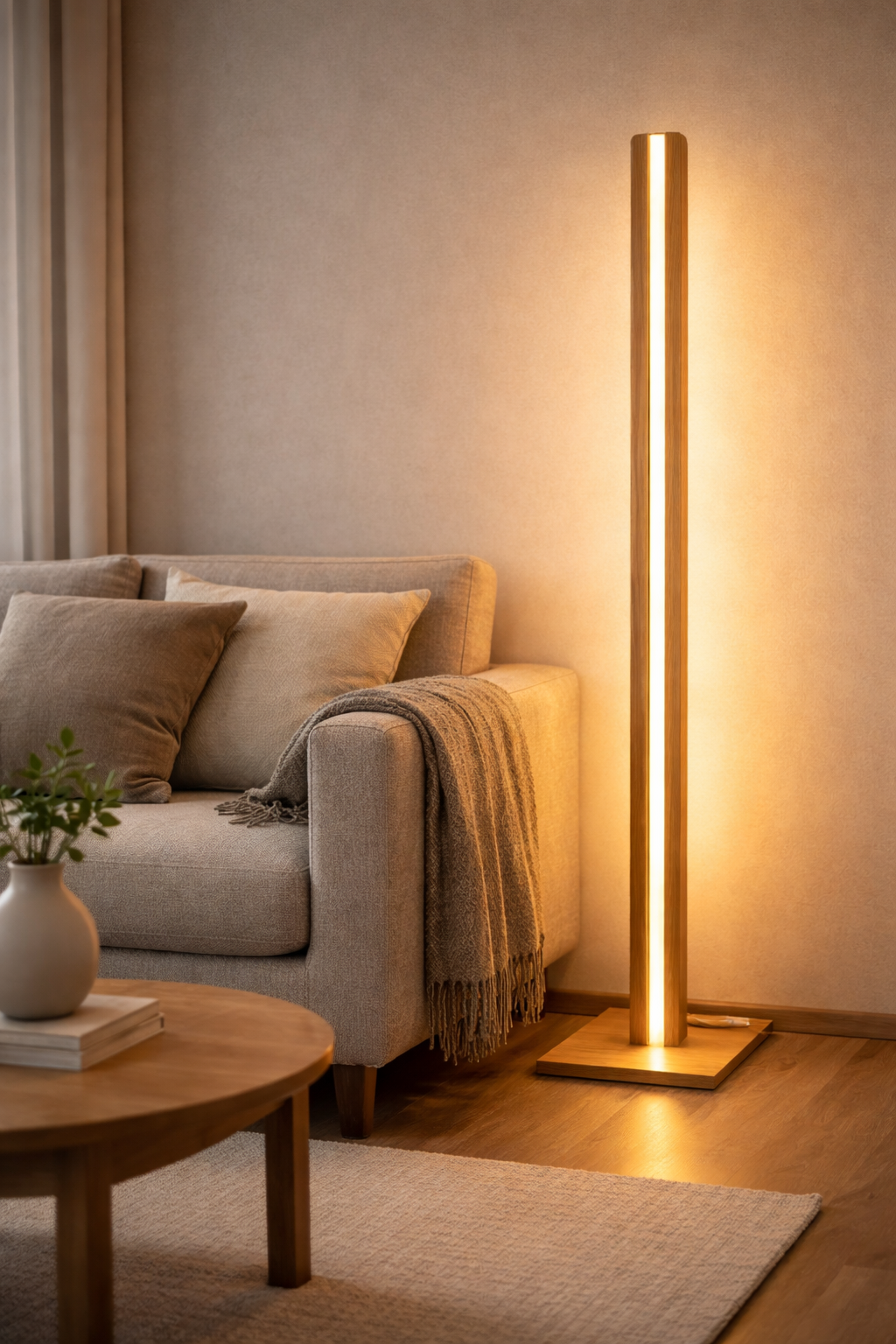 Lampa decorativa de podea din stejar cu LED smart dimabil – iluminat ambiental tip veioza