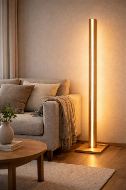 Lampa decorativa de podea din stejar cu LED smart dimabil – iluminat ambiental tip veioza