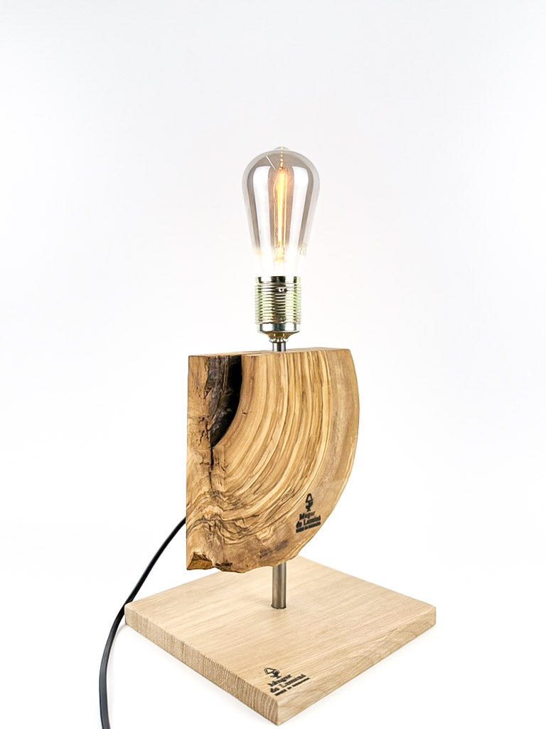 Lampă decorativă de birou handmade din măslin, cu bază din stejar