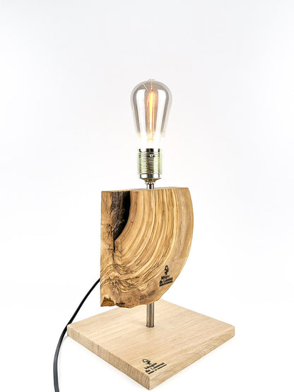 Lampă decorativă de birou handmade din măslin, cu bază din stejar