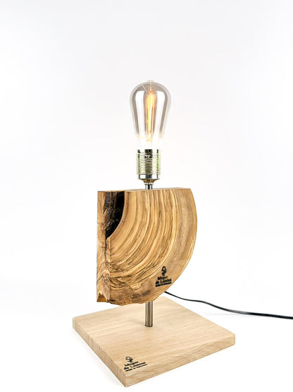 Lampă decorativă de birou handmade din măslin, cu bază din stejar