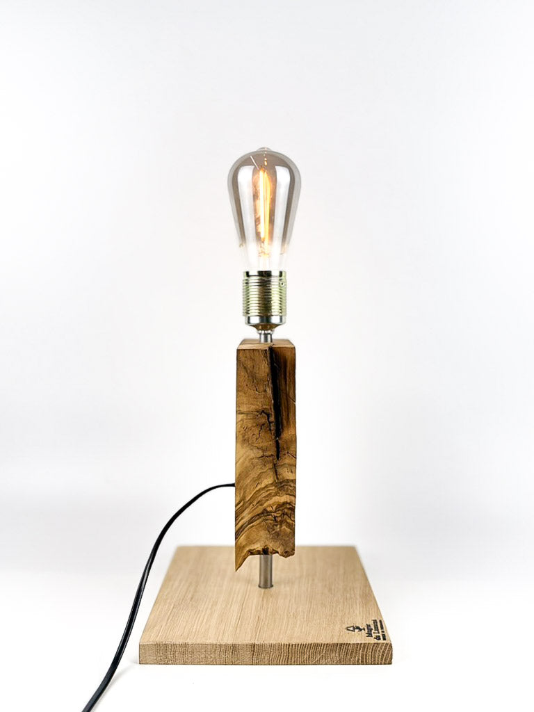 Lampă decorativă de birou handmade din măslin, cu bază din stejar