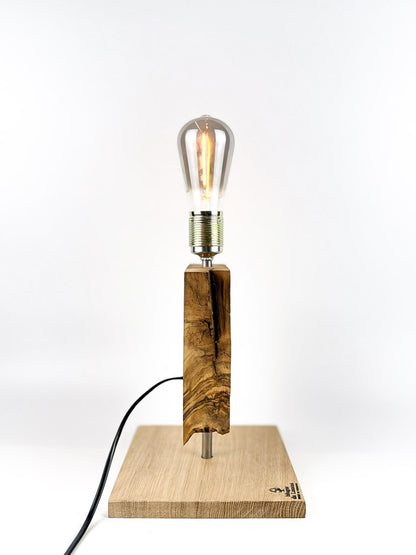 Lampă decorativă de birou handmade din măslin, cu bază din stejar