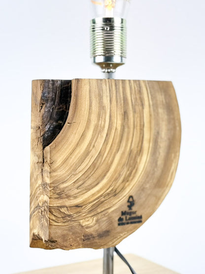 Lampă decorativă de birou handmade din măslin, cu bază din stejar