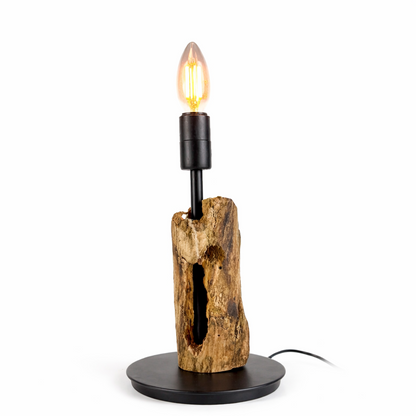 Lampă de masă din lemn recuperat – bază cilindrică organică – handmade