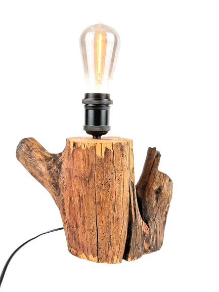 Lampă de masă handmade din cireș masiv, trunchi natural sculptural
