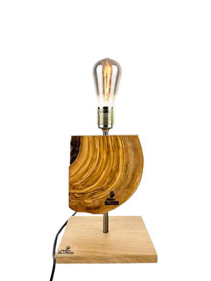 Lampă decorativă de birou handmade din măslin, cu bază din stejar