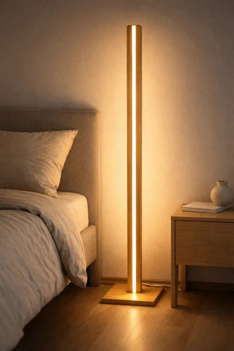 Lampa decorativa de podea din stejar cu LED smart dimabil – iluminat ambiental tip veioza