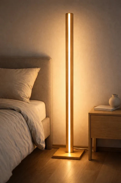 Lampa decorativa de podea din stejar cu LED smart dimabil – iluminat ambiental tip veioza
