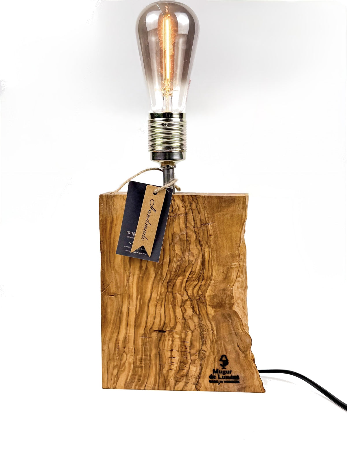 Lampă decorativă din lemn de măslin – bază verticală organică – handmade – Mugur de Lumină