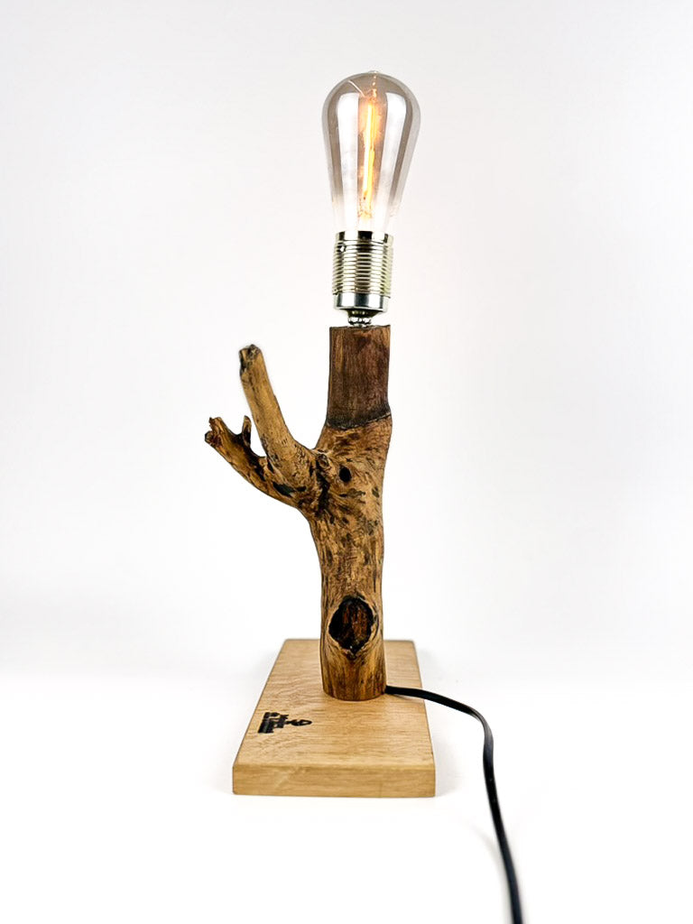 Lampă decorativă din lemn de stejar, ramură naturală cu bază