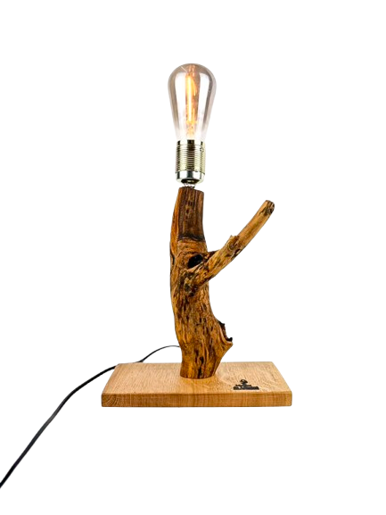 Lampă decorativă din lemn de stejar, ramură naturală cu bază