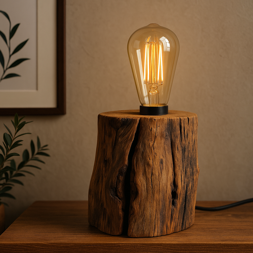 Lampă decorativă handmade din trunchi masiv de lemn, stil rustic