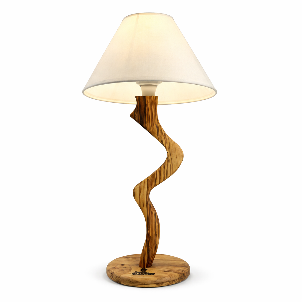 Lampă handmade „Mlădiță” din lemn de măslin cu abajur textil