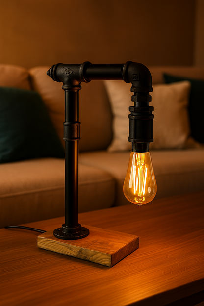 Lampă industrială , Mugur de Lumină – Handmade cu țevi metalice și lemn