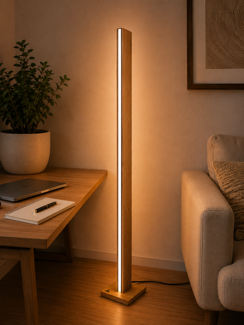 Lampă de podea handmade din stejar masiv cu LED Philips Hue RGB