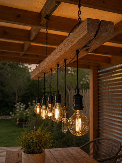 Lustră handmade din stejar masiv cu 5 dulii vintage și becuri Edison