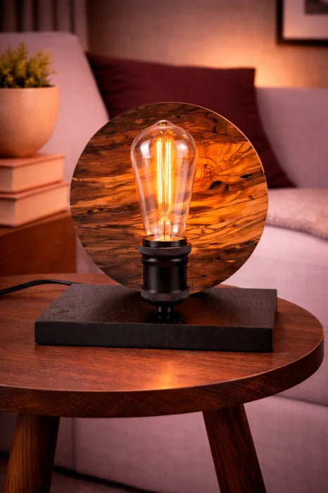 Lampă Amurg handmade din măslin masiv cu scoarță naturală, bec Edison