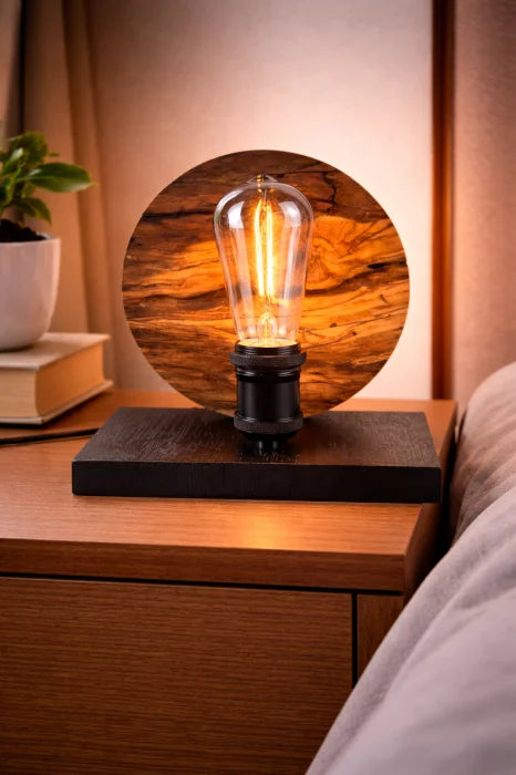 Lampă Amurg handmade din măslin masiv cu scoarță naturală, bec Edison