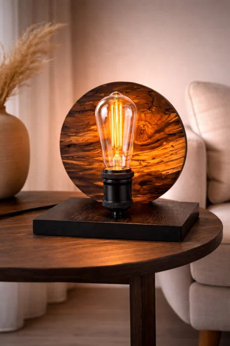 Lampă Amurg handmade din măslin masiv cu scoarță naturală, bec Edison