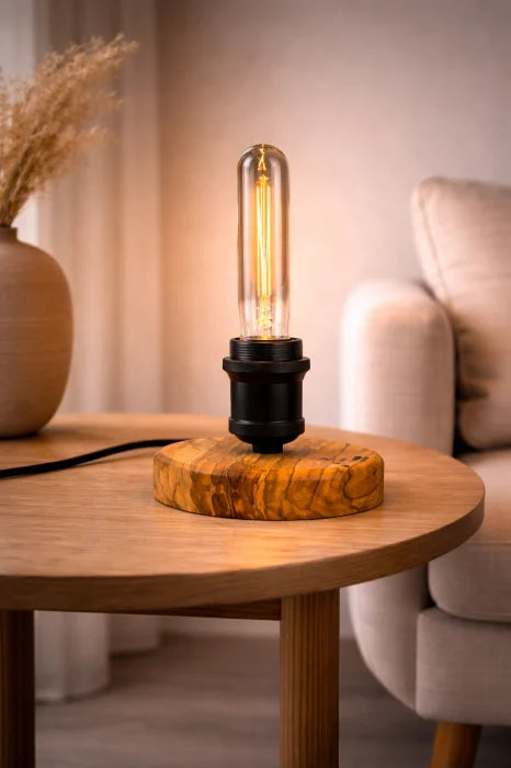 Lampă handmade din măslin masiv cu bază rotundă, bec Edison tub