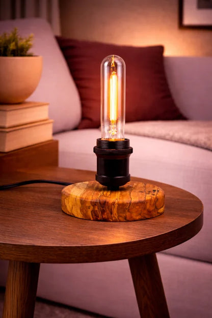 Lampă handmade din măslin masiv cu bază rotundă, bec Edison tub