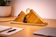 Lampă handmade din măslin masiv cu două forme triunghiulare, bec Edison