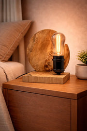 Lampă handmade din plop natural pe bază stejar, bec Edison