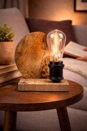 Lampă handmade din plop natural pe bază stejar, bec Edison