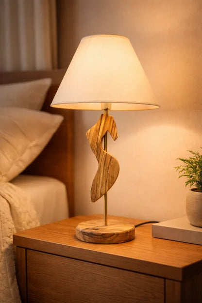 Lampă Smaralda handmade din măslin masiv cu abajur textil, bec E14