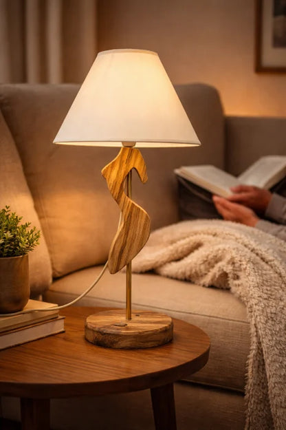 Lampă Smaralda handmade din măslin masiv cu abajur textil, bec E14