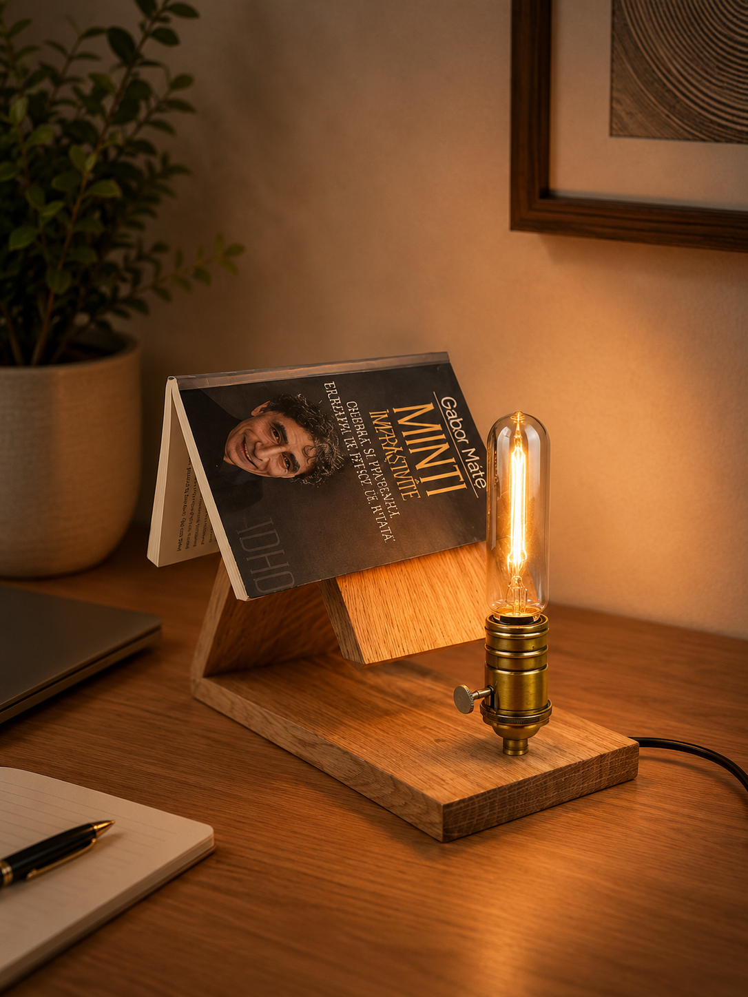 Veioză handmade din stejar masiv cu suport de carte deschisă, bec Edison tub