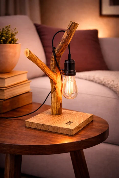 Lampă handmade din stejar cu bec Edison suspendat pe bază stejar
