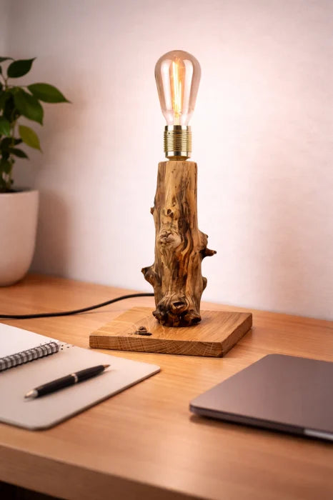 Lampă handmade din ramură verticală de stejar pe bază stejar, bec Edison