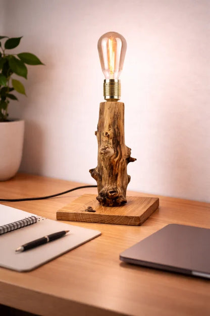 Lampă handmade din ramură verticală de stejar pe bază stejar, bec Edison