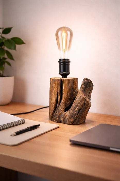 Lampă de masă handmade din cireș masiv, bec Edison inclus , handmade