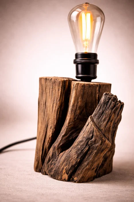 Lampă de masă handmade din cireș masiv, bec Edison inclus , handmade