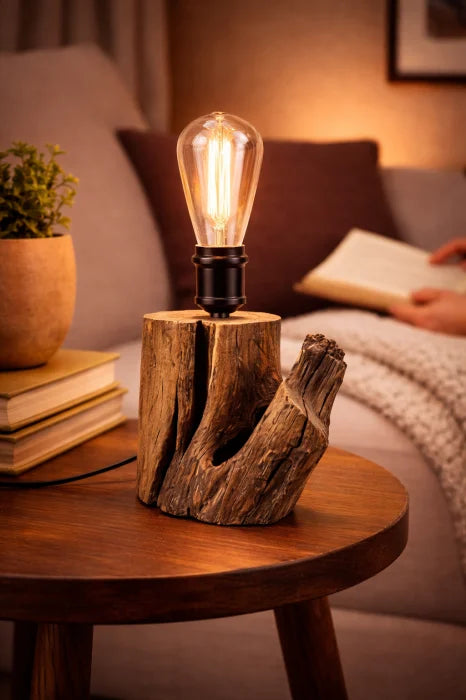 Lampă de masă handmade din cireș masiv, bec Edison inclus , handmade