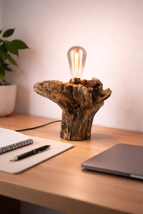 Lampă handmade din trunchi de stejar masiv cu formă organică, bec Edison